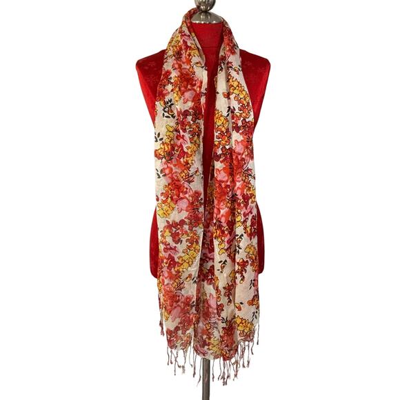 Beachy Boho floral scarf wrap shawl lightweight fringed orange yellow floral - Picture 3 of 6